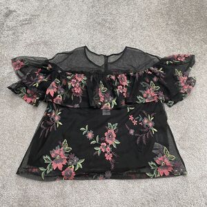 BB Dakota Sheer Embroidered Floral Top Womens Medium Black Ruffles Casual NWT